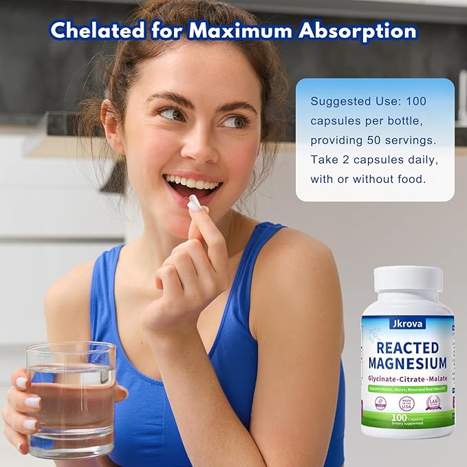 Reacted Magnesium &amp Potassium - High Absorption Magnesium Supplement with Magnesium Citrate Glycinate Malate - Supports Sleep Muscles Heart Health - 100 Capsules