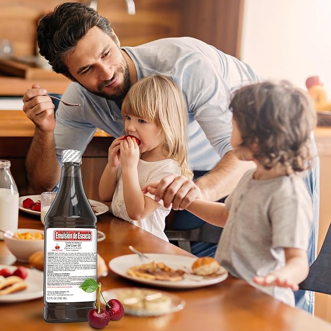 Emulsion de Escocia Cherry Flavor 6-Pack – Cod Liver Oil Liquid Supplement for Kids – Omega-3 Fish Oil with Vitamins A D E &amp B1 – Immune Support &amp Growth for Children – 6.5 Fl Oz Pack of 6