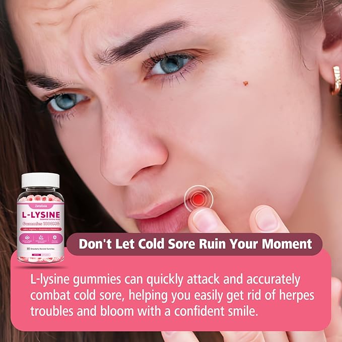 2 Pack L-Lysine Gummies 1000mg Lysine Gummies Supplement for Adults &amp Kids Essential Amino Acid with L-Arginine L-Glutamine for Lip &amp Skin Immune Calcium Absorption Strawberry Flavor 12