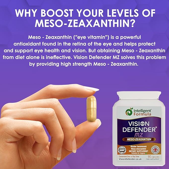 Vision Defender Meso Zeaxanthin Vegan Eye Supplement MZ- Protect and Improve Ocular Health &amp Eye Care High Strength Antioxidant Carotenoid Meso-Zeaxanthin for Eyes (90 Capsules/One Daily) Made in