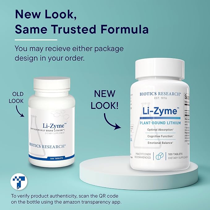 Biotics Research Li Zyme 50 micrograms Lithium as a Whole Food phytochemically Bound Lithium Highly bioavailable Supports Brain Function Memory and Mood Support 100 Tablets