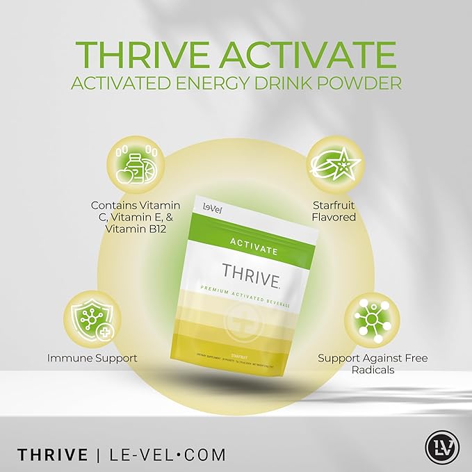 Thrive Activate Energy Drink Mix Focus &amp Performance Powder with Vitamin B12 Vitamin C E &amp Zinc L Carnitine L Taurine and Caffeine Gluten Free Sugar Free Starfruit 30 Drink Mix Packe