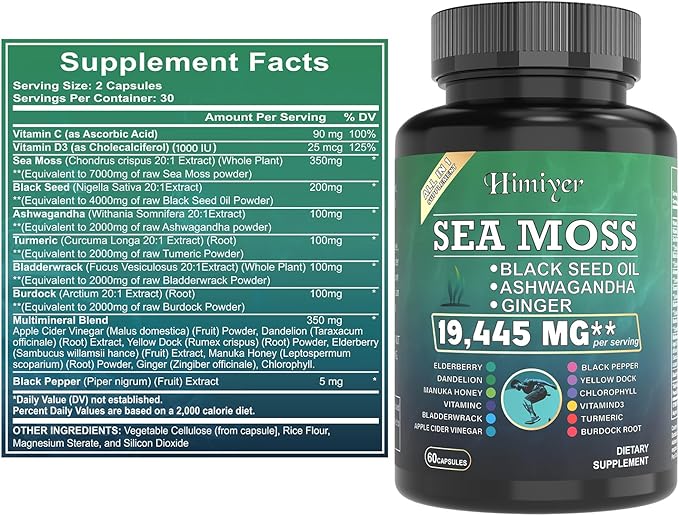 Himiyer 2pcs Ultimate Wellness Bundle - Boost Energy Immunity &amp Brain Function with 7000mg Sea Moss 4000mg Black Seed Oil 2000mg Ashwagandha 9000mg Ginger &amp Shilajit Vegan-Friendly Suppl