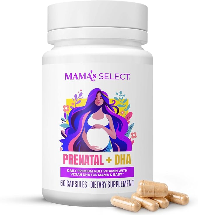 Mama's Select Prenatal Vitamins with Vegan DHA – Fish-Free No Fish Burps Allergen-Free MTHFR Support Methylated Folate &amp B Vitamins Digestive-Friendly No Biotin