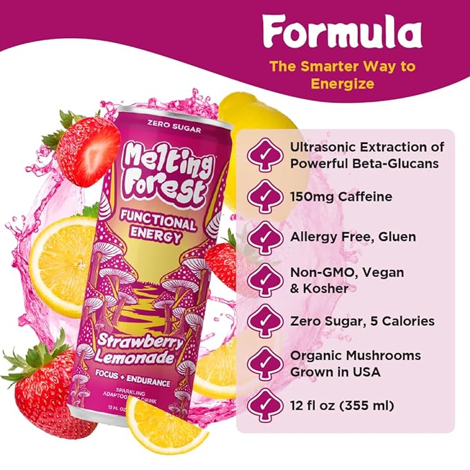 Melting Forest Mushroom Energy Drink L-Theanine Cordyceps &amp Lion's Mane 150mg of Caffeine Energy &amp Focus Cognitive Function &amp Mental Clarity Strawberry Lemonade (12 Pack)