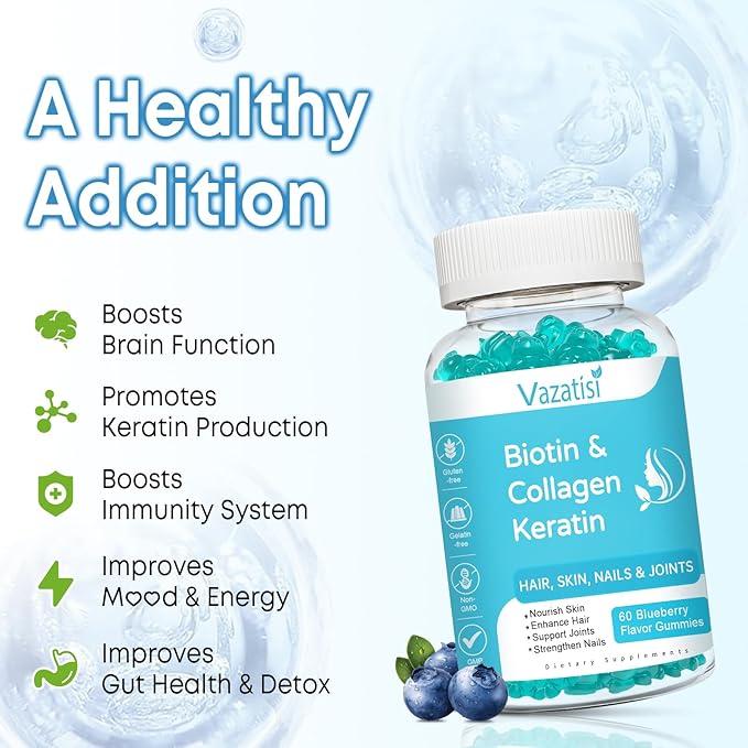 2 Pack Biotin Gummies with Collagen &amp Keratin for Hair Skin Nails- Women Men Kids - 120 Blueberry Flavored Gummies