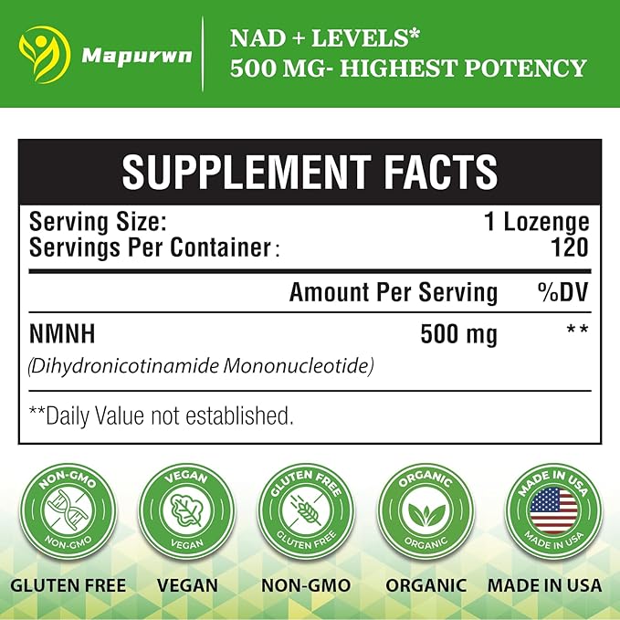 NMNH (Dihydronicotinamide Mononucleotide) NMN Supplement Alternative 500mg per Serving NAD NMNH Supplements for Women to Boost NAD+ Levels As We Age Anti Aging Energy Focus Non-GMO 240 Count