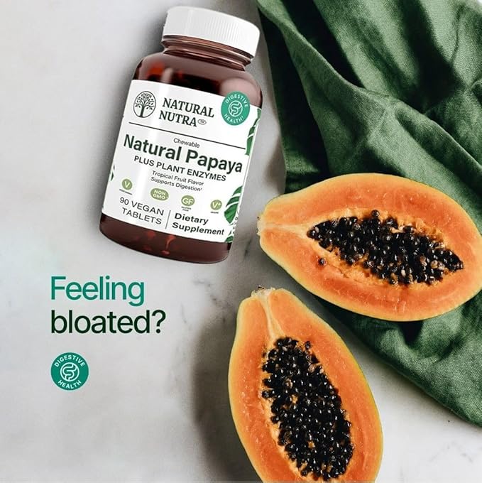Natural Nutra Papaya Chewable Enzymes for Digestion and Body Cleanse - Supports Digestive Health Ease Gastrointestinal Discomfort - Nutrient Absorption and Reduces Bloating - 90 Vegan Tablets