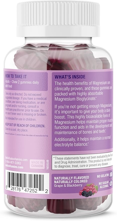 SUKU Vitamins - Mega Strength Magnesium - 177 mg of Magnesium Bisglycinate Gummies for Muscle Function - Easy to Chew - Non GMO Gluten Sugar Free - Grape BlackBerry Flavored Gummy Vitamins (50 Count)