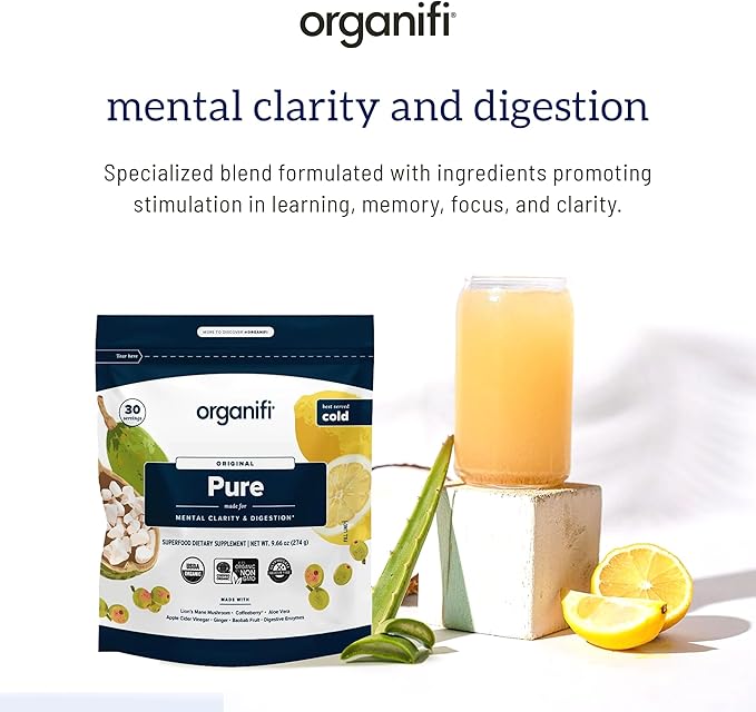 Organifi Pure - Promotes Stimulation in Learning Memory Focus and Clarity - Brain Support with Superfoods - Gluten-Free and Non GMO - Best Served Cold 30 Servings