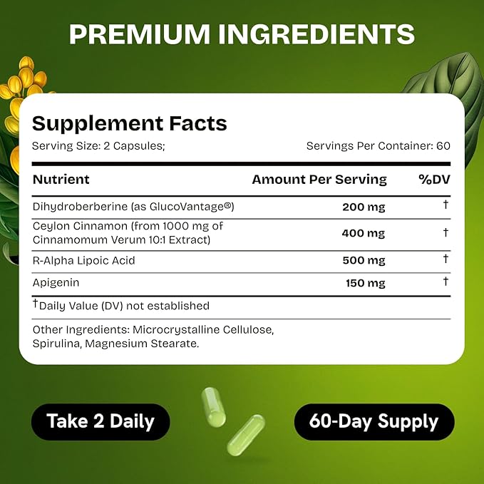Dihydroberberine Supplement - Dehydro Berberine Organic - Super Berberine Supplement with Ceylon Cinnamon &amp R Alpha Lipoic Acid &amp Apigenin - Hydroberberine 120 caps (1 Pack)