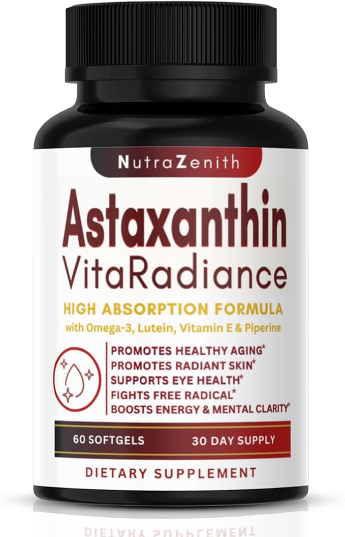 Astaxanthin Supplement with Omega-3 Vitamin E &amp Lutein – 60 Capsules for Super Antioxidant Support Energy Boost Mental Clarity &amp Eye/Skin Care – Triple-Action Formula (Powerful Antioxidant