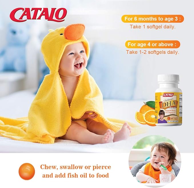 CATALO Children’s DHA Formula – Chewable Softgels with Fish Oil for Kids 200mg DHA per Serving Orange Flavor Easy to Swallow or Mix with Food 30 Softgels