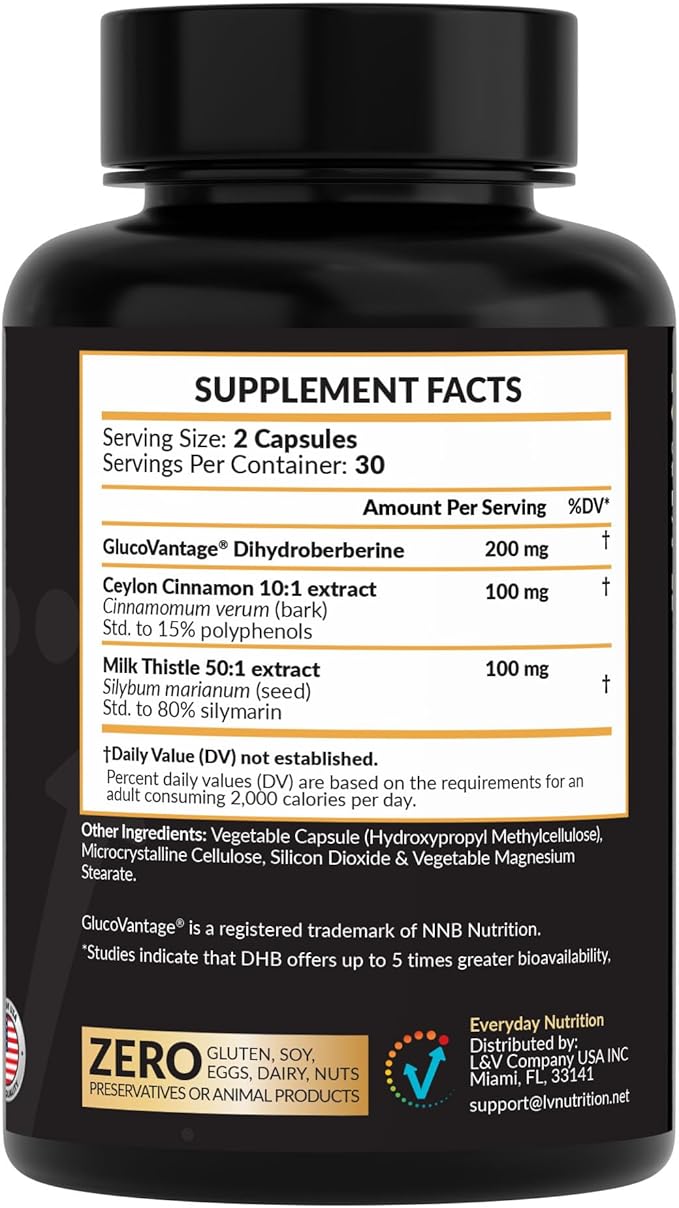 Dihydroberberine GlucoVantage 200mg | Highly Bioavailable Berberine Supplement with Ceylon Cinnamon &amp Milk Thistle | Non-GMO | 60 Veggie Capsules