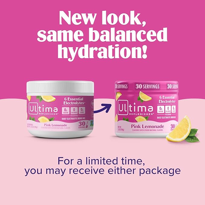 Ultima Replenisher Daily Electrolyte Powder Drink Mix – Sugar Free – Pink Lemonade 30 Serving – Hydration Powder with 6 Key Electrolytes and Trace Minerals – Keto Friendly Vegan Non-GMO