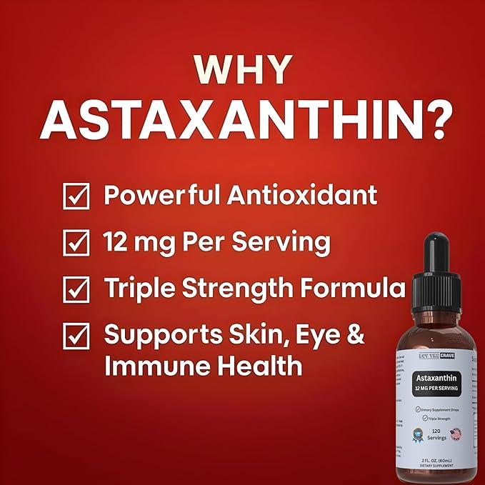 Astaxanthin Liquid Drops Infused with Cold Pressed Extra Virgin Olive Oil – 12mg per Serving – Natural Antioxidant Support – 2 fl oz Dropper Bottle – Vegan Non-GMO