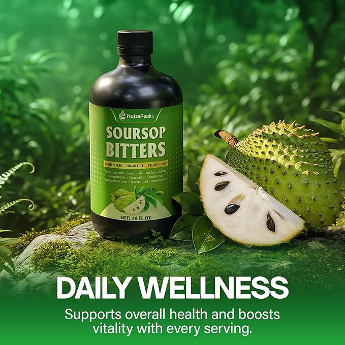 Soursop Bitters Liquid – Herbal Detox Formula with Soursop Turmeric Moringa &amp Black Seed by NutraPeaks – Supports Immune Health &amp Digestive Balance – 16 fl oz