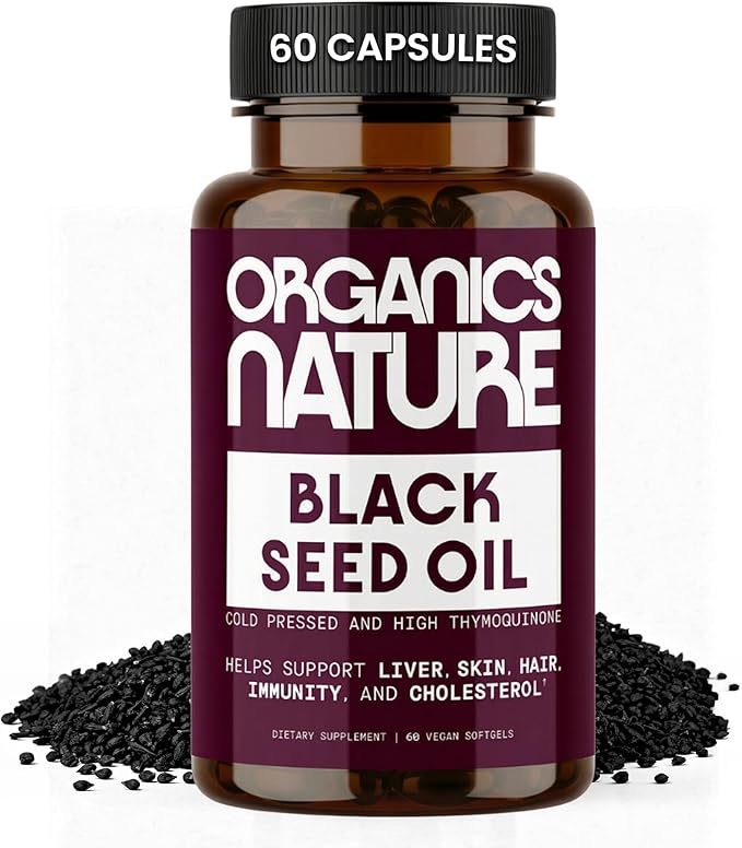 ORGANICS NATURE Black Seed Oil Capsules – 60 Cold Pressed Softgels - Immunity Support Black Cumin Seed Oil High Thymoquinone Non-GMO &amp Vegan Nigella Sativa Omega 3 6 9 1000MG Per Serving