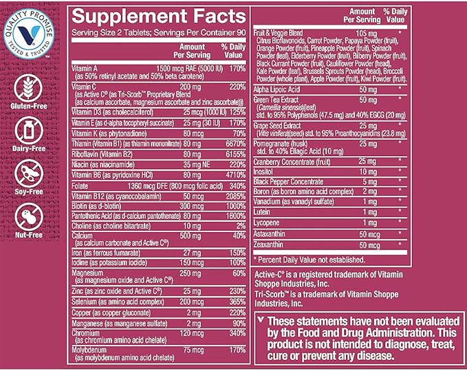 The Vitamin Shoppe Ultimate Woman Multivitamin Daily Women’s Multivitamin with Vitamins Minerals Antioxidants &amp Nutrients for Energy Immune and Overall Wellness Support Gluten Free 180 Table