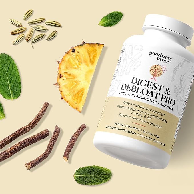 Goodness Lover Digest &amp Debloat Pro Natural Digestive Enzymes Probiotics for Bloating Relief and Gas Relief Probiotic Supplement for Women and Men Vegan Non-GMO 90 Capsules