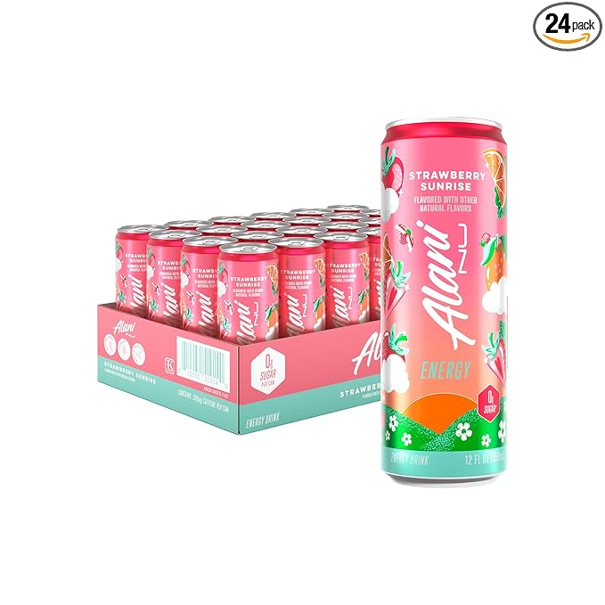 Alani Nu STRAWBERRY SUNRISE Sugar Free Low Calorie Energy Drinks 200mg Caffeine Biotin B Vitamins Zero Sugar 10 Calories 12 Fl Oz Cans 24 Pack