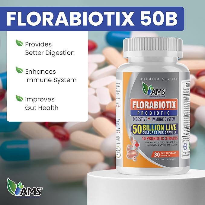 America Medic &amp Science Florabiotix Probiotic (30 Capsules) | Dietary Supplement for Men and Women| 50 Billion Live Cultures | 10 Probiotic Strains | Supports Digestive and Immune Health
