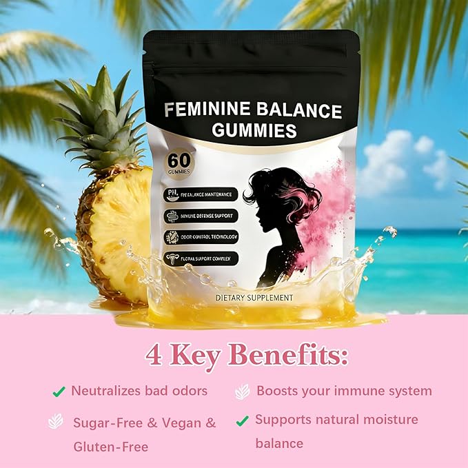 Feminine Balance Gummies for Women - Vegan Pineapple Gummy Vitamins Supports Vaginal pH &amp Healthy Flora 60 Gummies (30-Day Supply) (1)