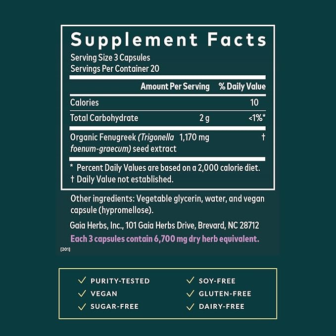 Gaia Herbs Fenugreek Seed - Helps Support Healthy Lactation &amp Breast Milk Production* - Made with Fenugreek Seeds - 60 Vegan Liquid Phyto-Capsules (20 Servings)