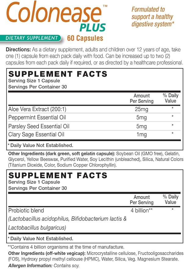 HealthAid ColonEase Plus – Herbal Digestive Support with Probiotics | Aloe Vera Peppermint Oil Clary Sage Oil &amp Parsley Seed | 60 Vegetarian Capsules