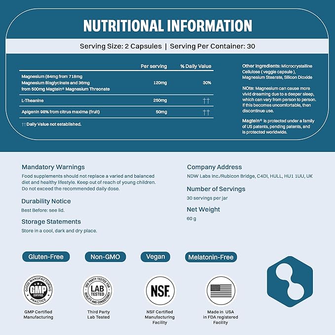 Magnesium Sleep Supplement - Magnesium Threonate Chelated Magnesium's Bisglycinate L-Theanine &amp Apigenin - Sleep Assist - Powerful Blend for Better Sleeping and Restful Nights - 60 Capsules
