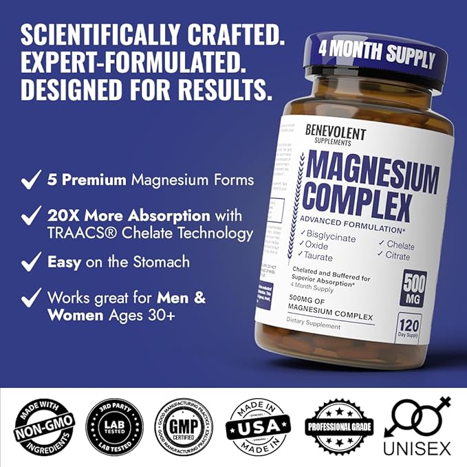 Magnesium Complex Supplement 4 Month Supply of 500mg 5-in-1 Bisglycinate Oxide Taurate Aspartate Citrate Max Absorption Magnesium Supplement for Calm Sleep &amp Leg Cramps 120 Capsule