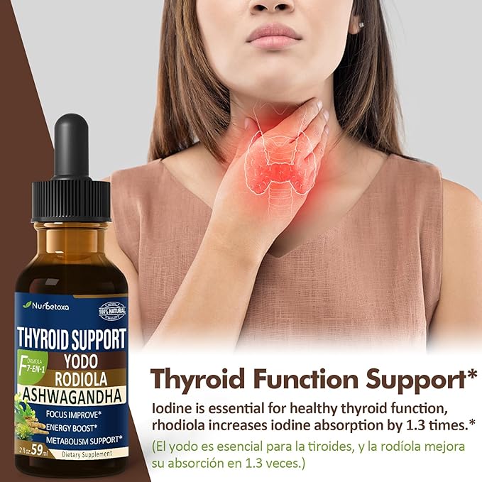 Thyroid Support Drops - Liquid Iodine Supplement Gotas de YODO y Selenio para Tiroides Con Rodiola Semenovii y Ortiga Fight Brain Fog w/Ashwagandha &amp Rhodiola Extract Tincture.2 oz