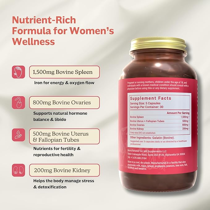 MK Supplements Female Vitality | Grass-Fed Beef Organs for Women | Spleen Uterus Ovaries Fallopian Tubes &amp Kidney | No Phytoestrogens | 150 Capsules