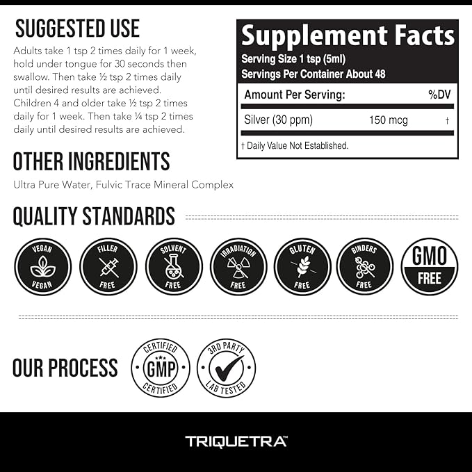 Bioactive Colloidal Silver - 8 oz Glass Bottle Vegan Safe Doses with Highest Effectiveness - Nano Ions 30 PPM - Immune Support (48 Servings)