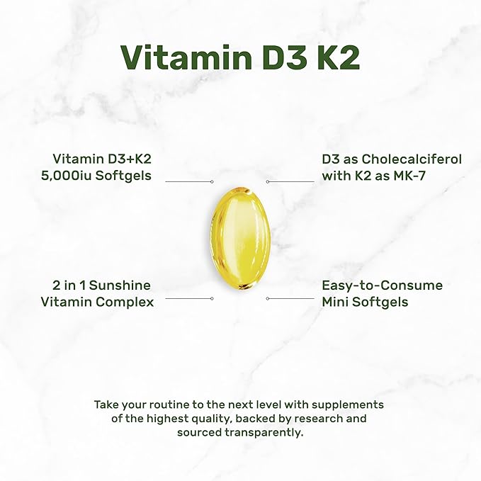 DEAL SUPPLEMENT Vitamin D3 5000 IU + K2 MK7 Softgels 250 Count | 2-in-1 Complex | Easy to Swallow