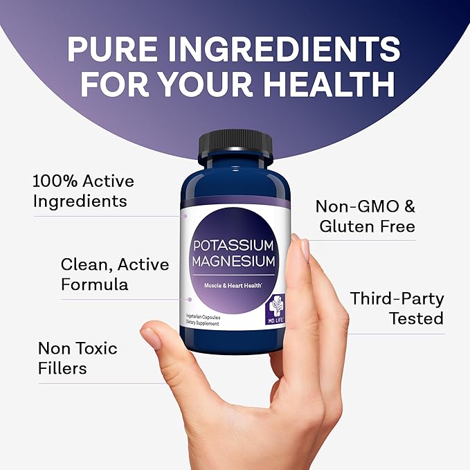 MD. Life Potassium Magnesium Supplement - 120 Capsules - Magnesium Potassium Supplement - High Absorption Complex - Support Vascular Health &amp Leg Cramp