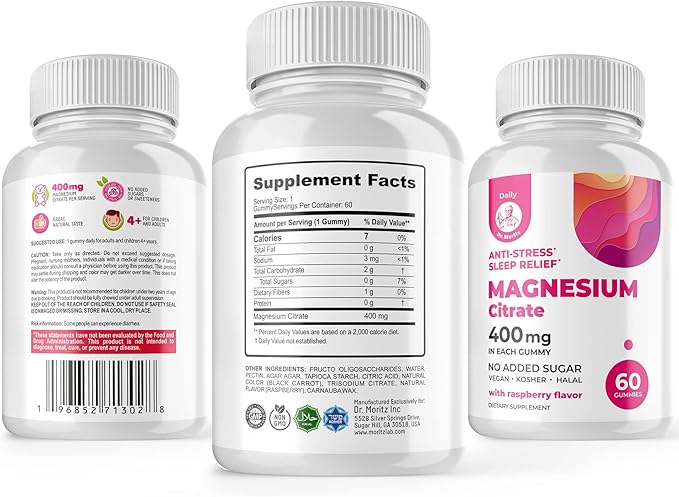 DR. MORITZ Magnesium Citrate Gummies Sugar-Free - Calm Magnesium Gummies Supplement for Children Sugar -Supports Cardiovascular Health -Free Chews for Kids &amp Adults (60 Count)