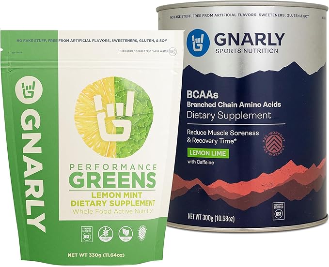 Gnarly Nutrition BCAAs Lemon Lime (10.58oz) Performance Greens Lemon Mint (11.64 oz)