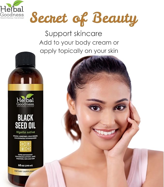 Black Seed Oil - Organic Cold Pressed Nigella Sativa Black Cumin Seed Oil with Thymoquinone Blackseed Liquid for Health Hair Growth &amp Skincare 8 fl. oz | Herbal Goodness