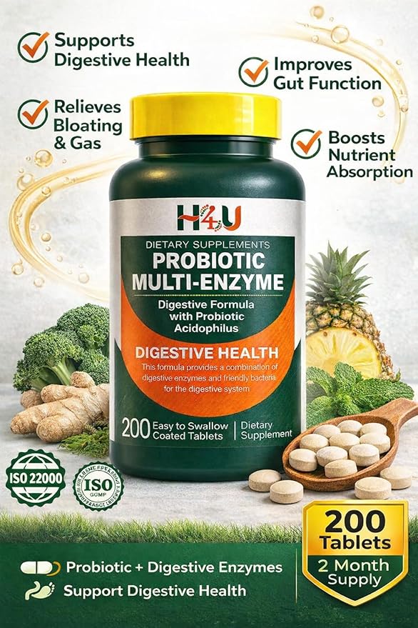 H4U Multi-Enzymes with Probiotic Acidophilus Organic Prebiotics &amp Probiotics for Gut and Digestive Health - Relief from Meal Time Discomfort &amp Bloating - Tablets Dietary Supplement - 200 Coun