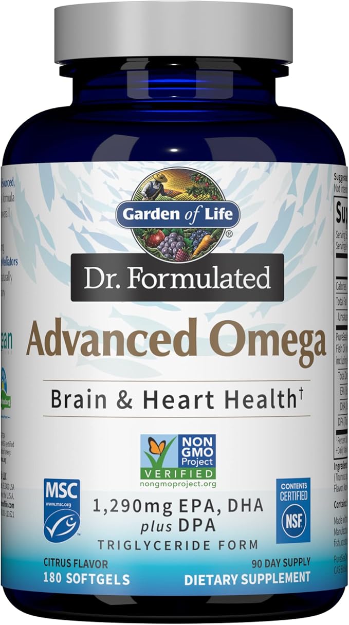 Garden of Life Dr. Formulated Advanced Omega Fish Oil - Lemon 1290mg EPA DHA + DPA &amp Vegetarian Omega 3 6 9 Supplement - Raw CoQ10 Chia Seed Oil Whole Food Nutrition