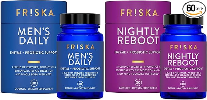 FRISKA Mens &amp Nightly Probiotic Bundle | Digestive Enzymes &amp Probiotics Supplement | Male &amp Nightime Digestion &amp Bloating Support | 30 Capsules per Bottle