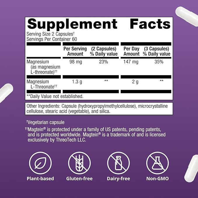 Metagenics Magnesium L-Threonate - Magtein Magnesium for Brain Health Memory Learning &amp Cognitive Support - Clinically Studied Bioavailable Form - Non-GMO Gluten-Free Vegan - 120 Capsules
