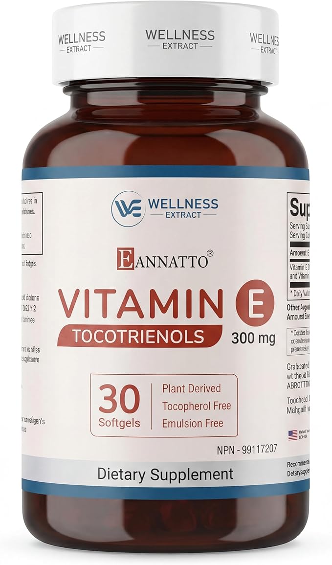 WELLNESS EXTRACT Eannatto Tocotrienols Vitamin E Supplements Tocopherol Free Non-GMO Gluten Free &amp Antioxidant (300MG 30 Softgels)