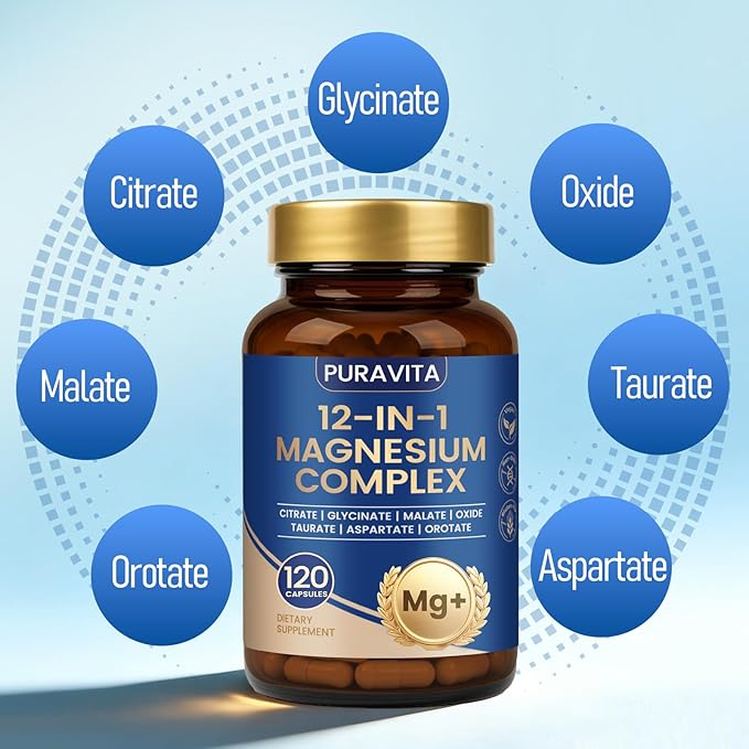 Puravita Magnesium Complex - Puravita 12 in 1 Magnesium Supplement with Glycinate Citrate Malate Oxide Taurat &amp More for Muscle Nerve &amp Sleep Support 120 Count