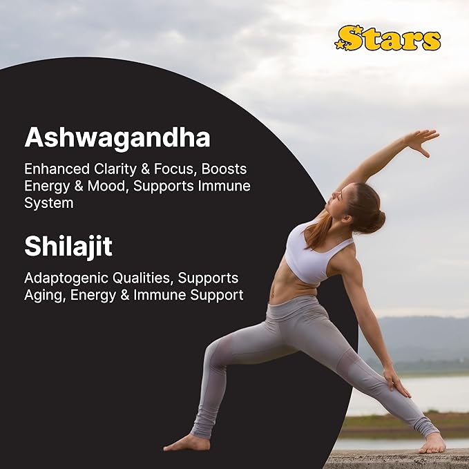 Shilajit Ashwagandha Gummies - Immune Support Supplement with Pure Shilajit Resin - Organic Ashwagandha Gummy for Stress Energy &amp Wellness 60 Natural Star-Shaped Gummies
