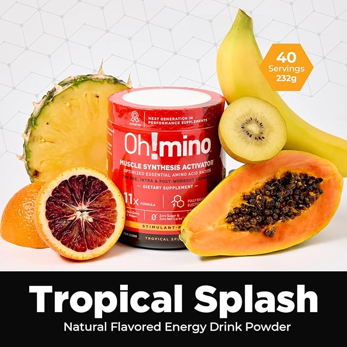 Oh!mino BCAAs + EAAs All 9 Essential Amino Acids for Muscle Growth &amp Recovery Tropical Flavor Stimulant-Free Sugar-Free Pre/Intra Post Workout Supplement Non-GMO