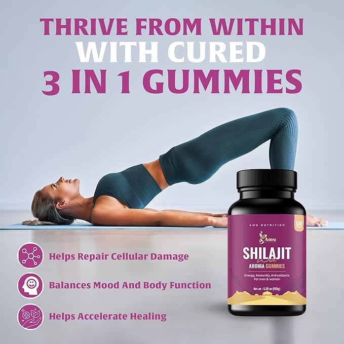 AMU NUTRITION Shilajit Gummies for Men &amp Women with Aronia Berries Fulvic Acid &amp 85+ Trace Minerals I MenWomen I Non-GMO I Lab Tested I 100% Natural I 60 Gummy (60 Count (Pack of 1) Aronia B
