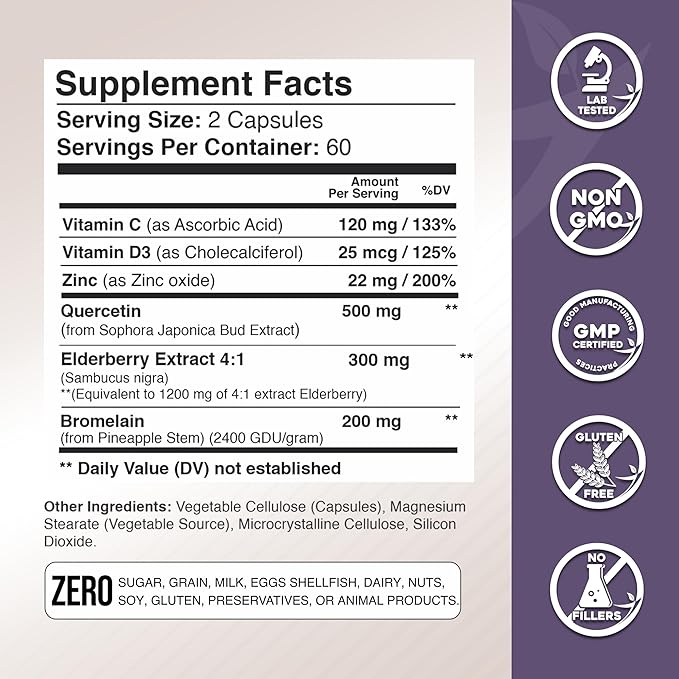 Gade Nutrition Quercetin with Bromelain &amp Elderberry | Quercetin with Vitamin C and Zinc | Zinc Quercetin 500mg with Vitamin D3 | Daily Immune Support Supplement - 6 Months Supply