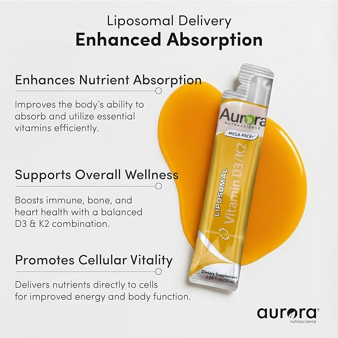 Aurora Nutrascience Liposomal D3 with K2 Mega-Pack - Liquid Vitamin D 3 K 2 Supplement for Adults Healthy Immune and Bone Support Vegan MCT-Enhanced Superior Absorption - 32 Single Serve Packets